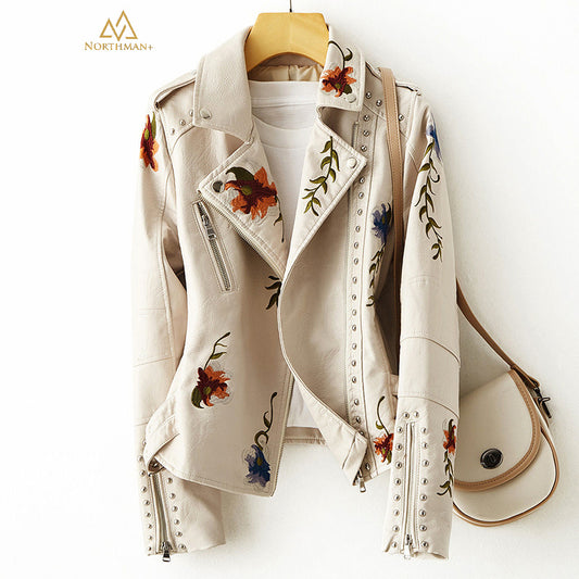 White embroidered leather jacket for women