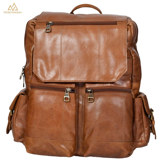 Mini multipocket backpack with flapped pocket in light brown