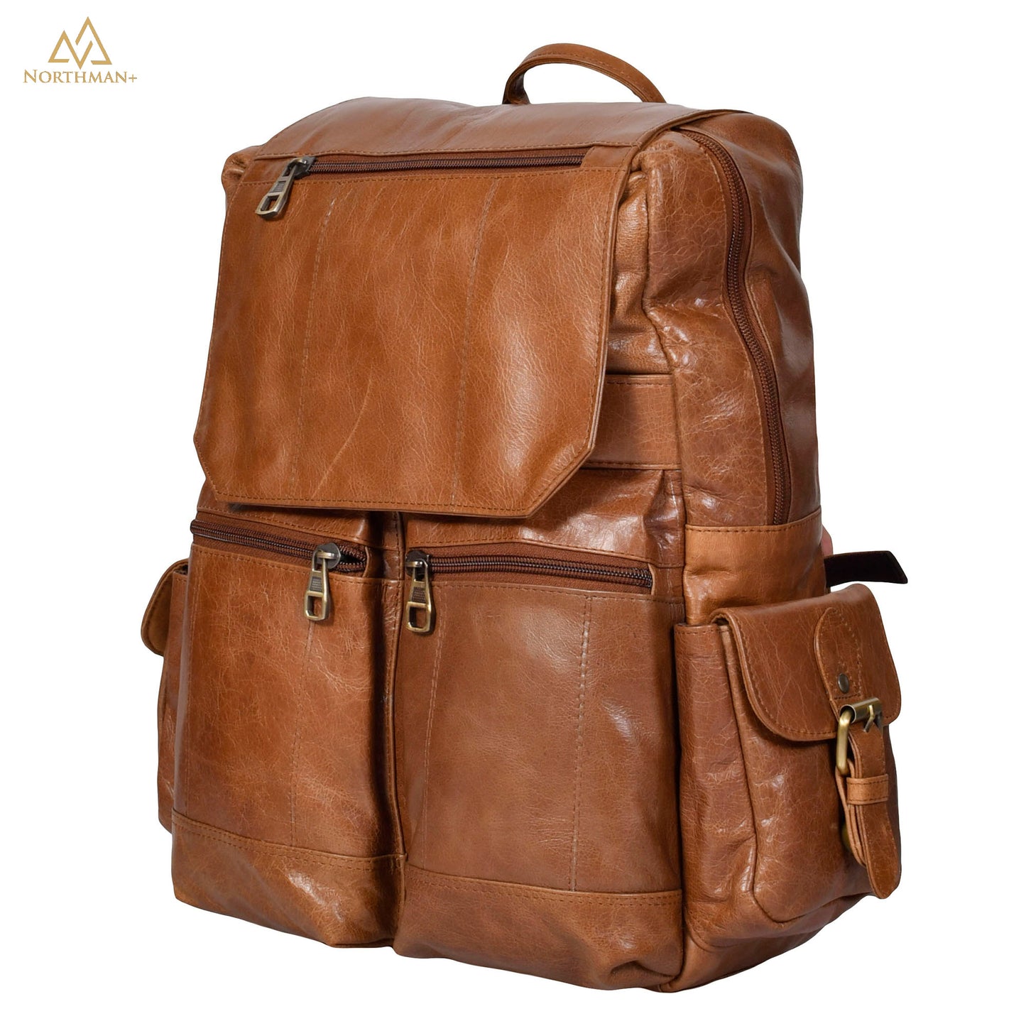 Mini multipocket backpack with flapped pocket in light brown