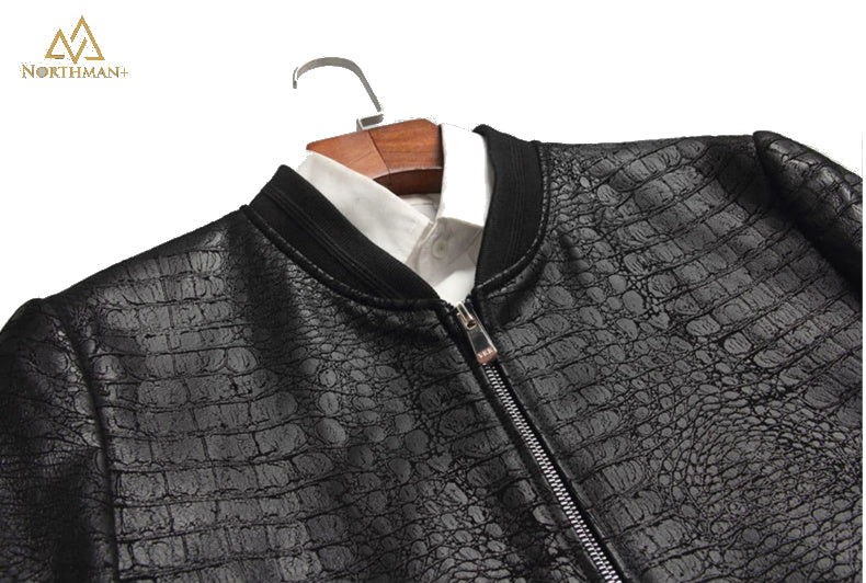 Blouson bombardier en cuir ajusté pour homme Imprimé crocodile