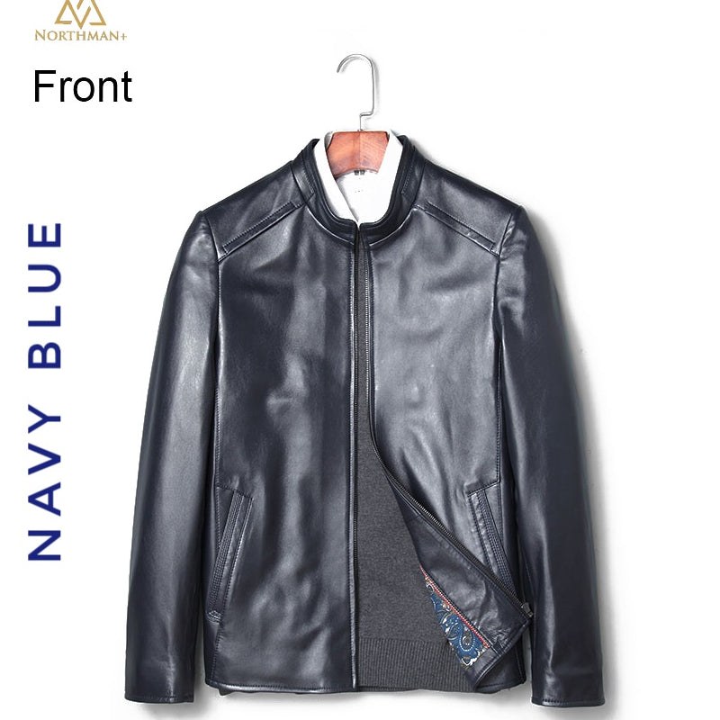 Classic leather jacket in Navy Blue for Men.