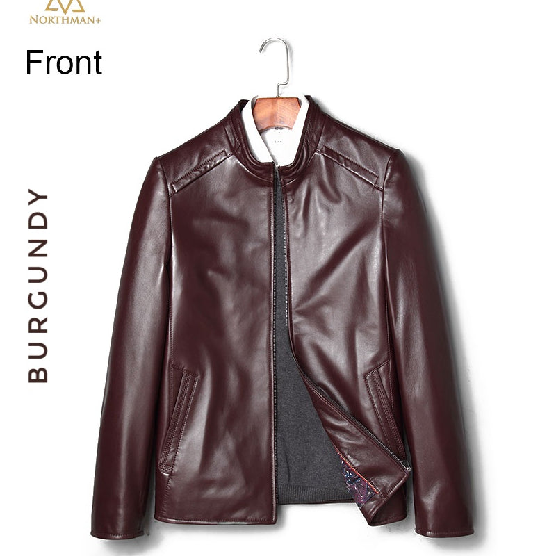 Classic leather jacket in Burgundy for Men.